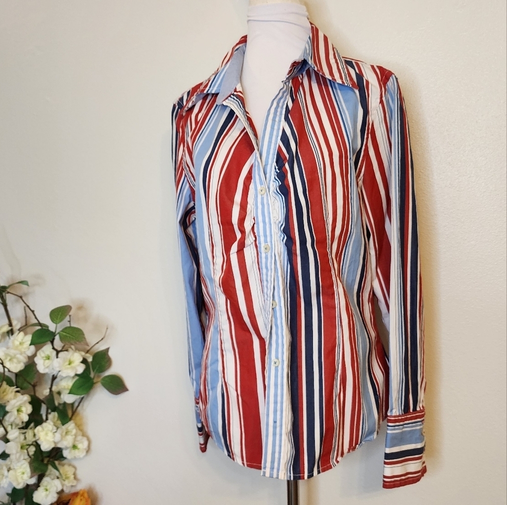 Tommy Hilfiger Western Red White Blue Stripe Button Front Shirt Womens - Picture 2 of 9